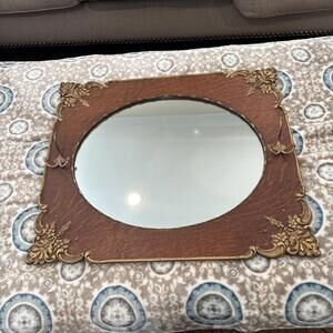 Late 1800’s Victorian Oak Wall Mirror Gold Embossed Floral Design W Hat Hooks
